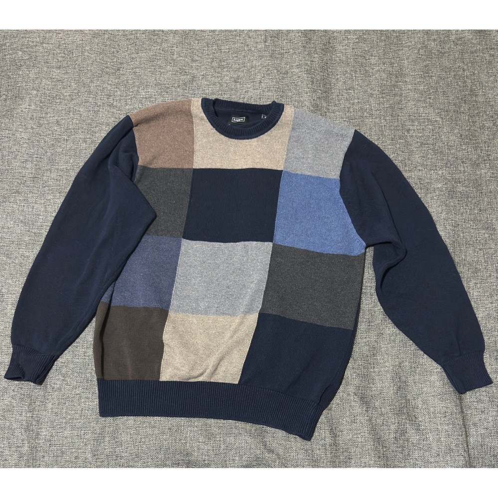 Haggar Mens Large Sweater Navy Blue Colorblock Patchwork Cotton Crew Neck